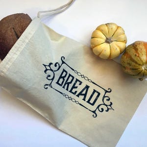 Reusable cotton bread bag, baker bag, bread keeper or hostess gift bag for bakers. Drawstring natural printed gift bag for homemade bread.