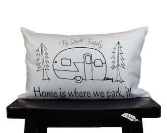 Personalized Home is where we park it camping pillow for rv and travel trailer decor. gift for happy camper motor home traveler rv decor