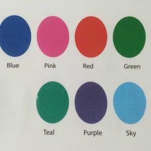 May include: A chart with nine colored circles, each labeled with a color name. The colors are blue, pink, red, green, teal, purple, and sky blue.