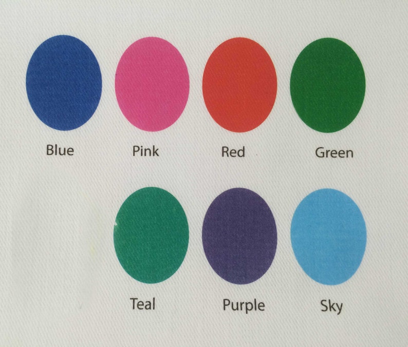 May include: A chart with nine colored circles, each labeled with a color name. The colors are blue, pink, red, green, teal, purple, and sky blue.