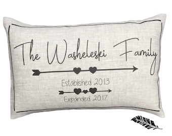 Personalized pregnancy announcement pillow for new baby, add to your baby registry for a nursing lumbar pillow in your nursery