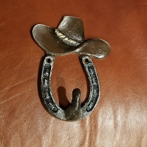 Handpainted Cast Iron Horseshoe Hook - Cowboy Hat - Wall Cast Iron Hook