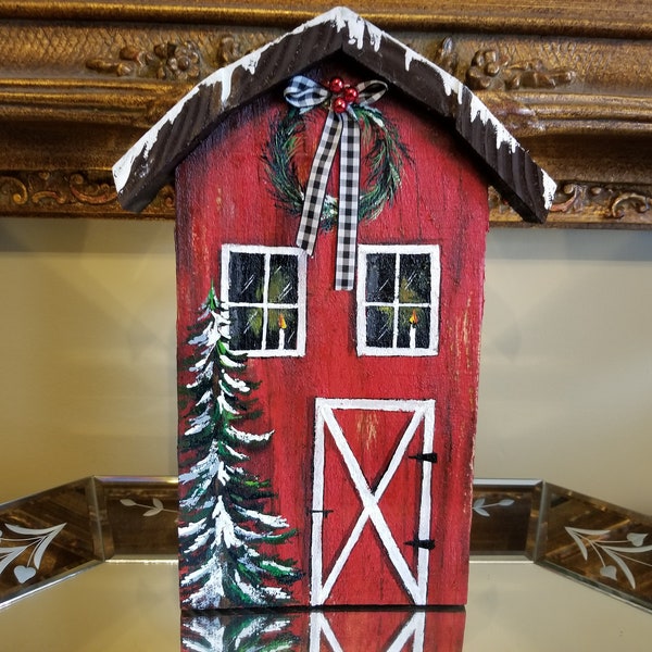 Wooden Christmas Barn - Handmade Handpainted Wood Red Barn - Painting on Wood