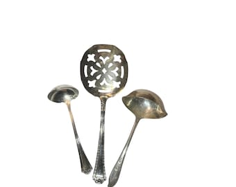 vintage silver serving utensils set of three silver plated ladels and a tomato lifter vintage silver utensils silver tableware mismatched