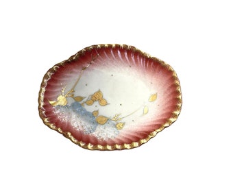 Vintage ring dish floral ring dish Chinese floral ceramic ring dish pretty floral bowl soap dish red and gold floral dish scalloped edge