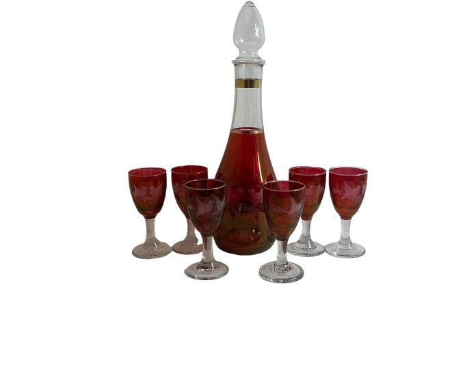 Vintage Decanter Set Glass Mid Century Decanter Set With Six Glasses