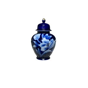vintage blue ginger jar porcelain blue floral ginger jar blue and white storage jar made in Japan blue centerpiece home decor jar with lid