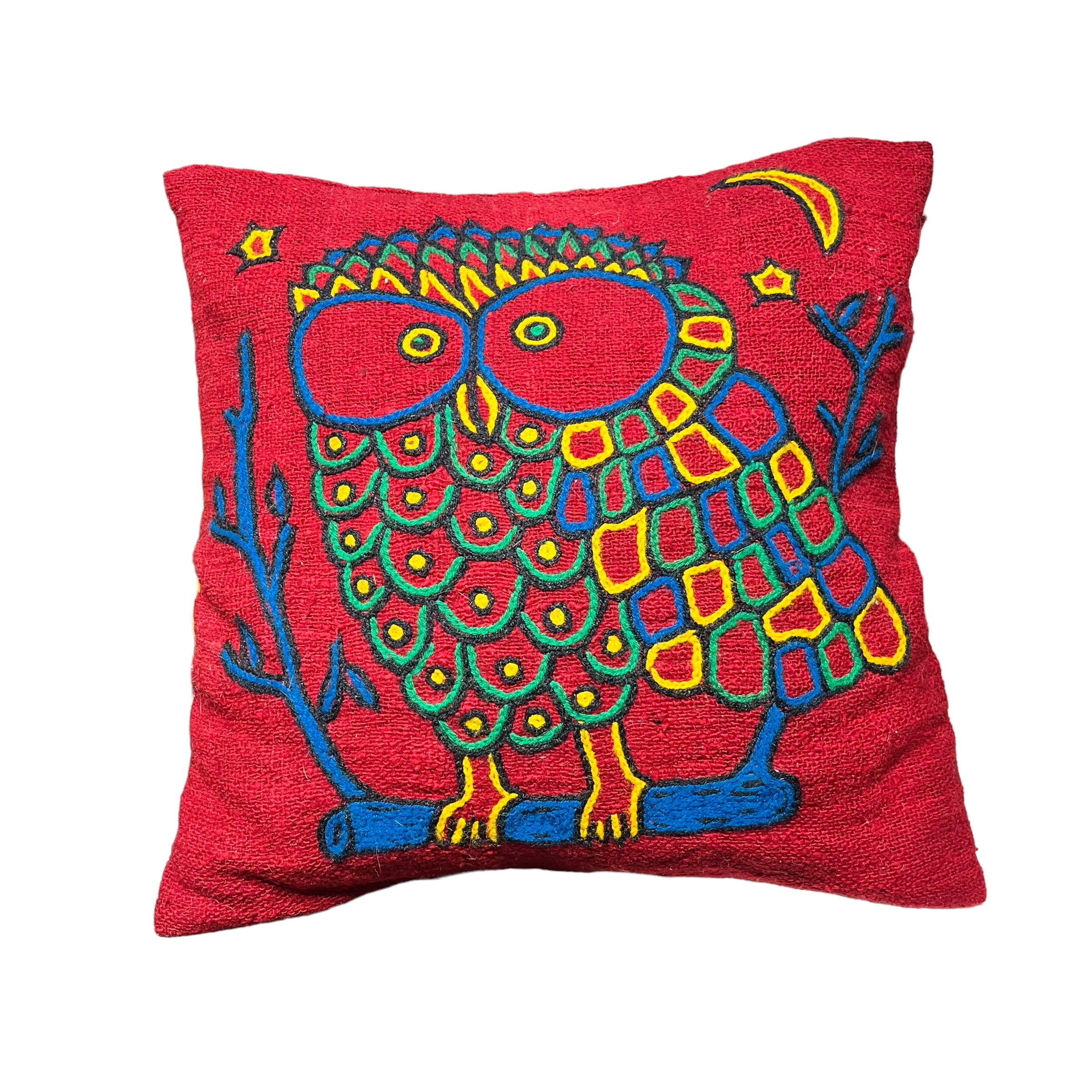 Vintage pillow handmade red owl pillow cover with zipper hand stitched square pillow yarn stitched c