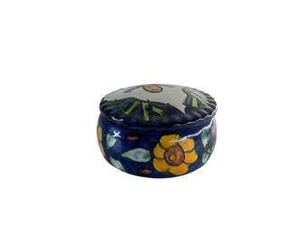 vintage ring dish hand painted red ware clay pottery bowl with lid signed TRM blue and yellow floral  ring box small pottery jar handmade