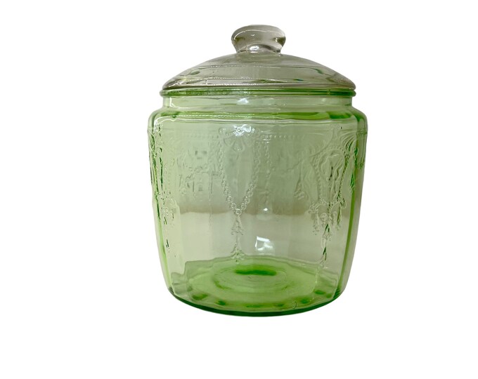 Vintage Biscuit Jar Vaseline Glass Depression Glass Jar With Lid