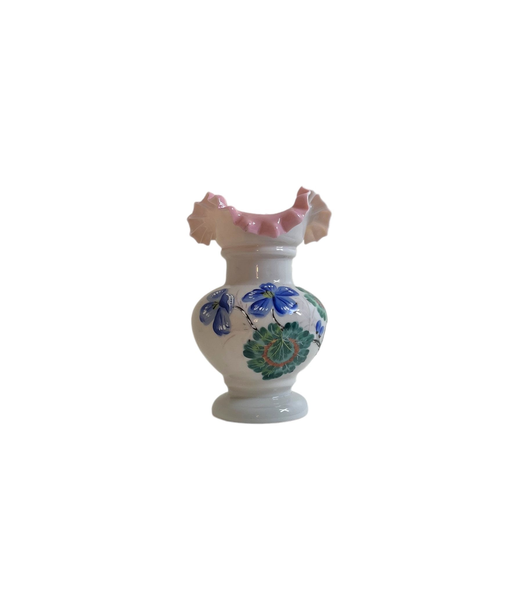 Vintage Fenton handblown glass vase ruffled pink top hand painted MCM vase collectible Fenton glass vase centerpiece floral vase giftware