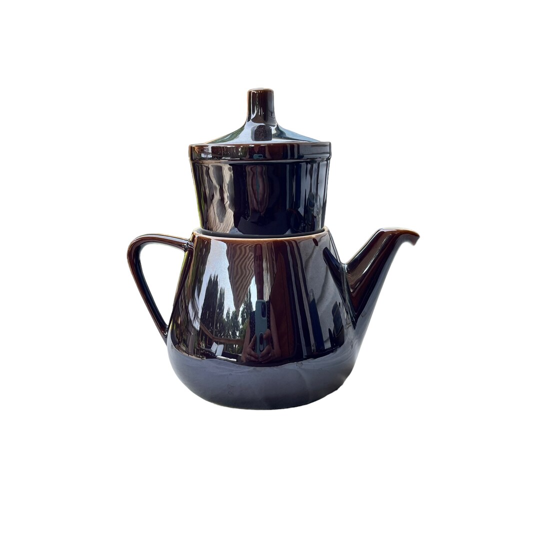 MCM Teapot Villeroy and Boch Porcelain Vintage Brown Glaze Teapot With Strainer Made in