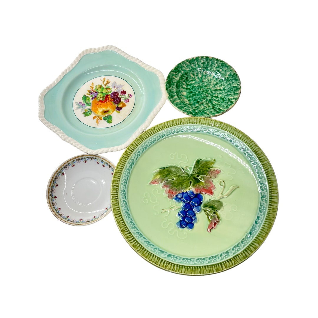Vintage Wall Plates Curated Green Wall Decor Majolica Pottery Etsy