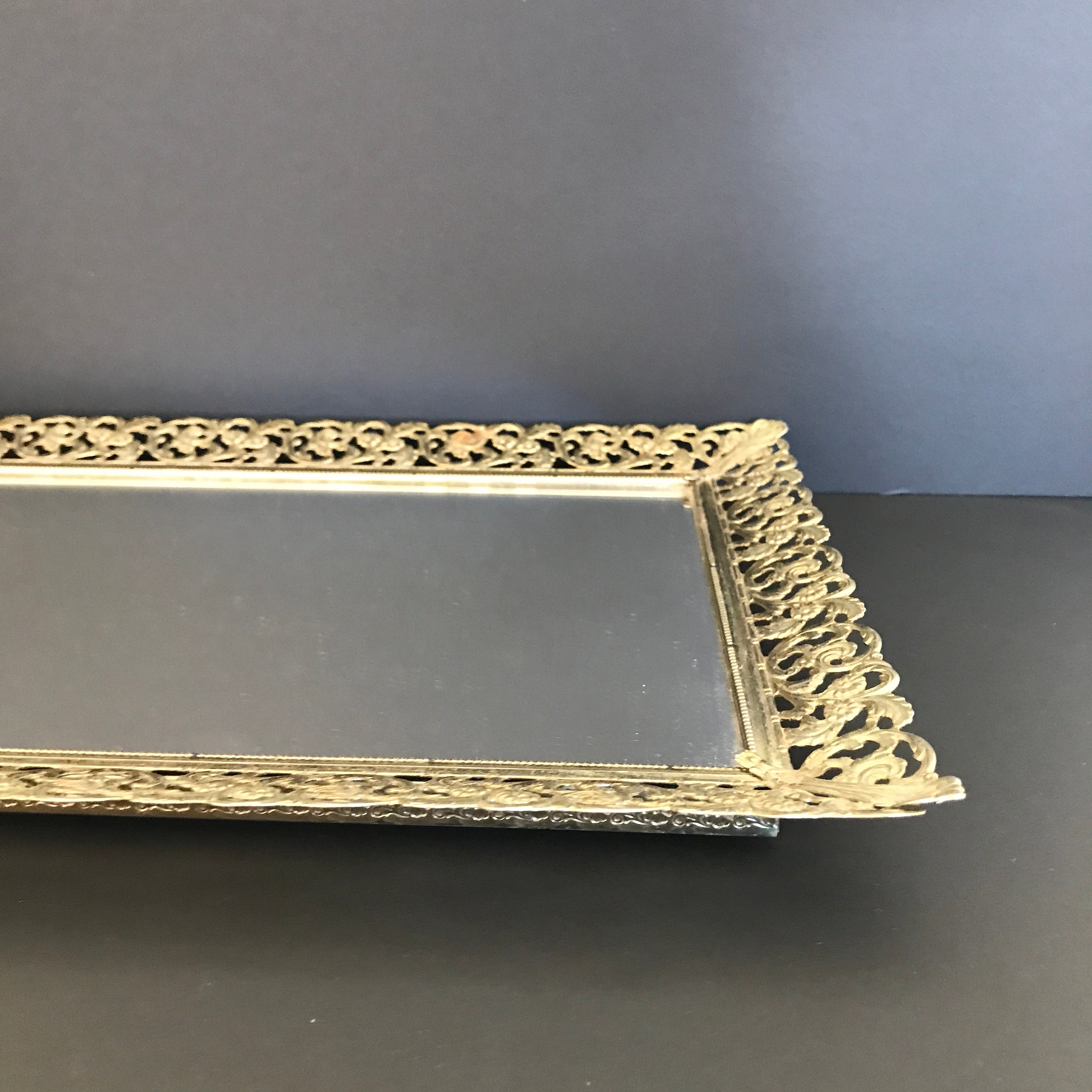 Vintage Vanity Tray Mirrored Vanity Tray Filigree Metal Framed Etsy