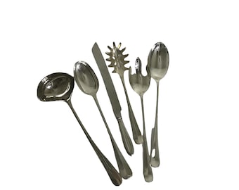vintage silver serving utensils set of five large serving spoons, ladle, knife mismatched patterns spoon meat knife vintage silver tableware