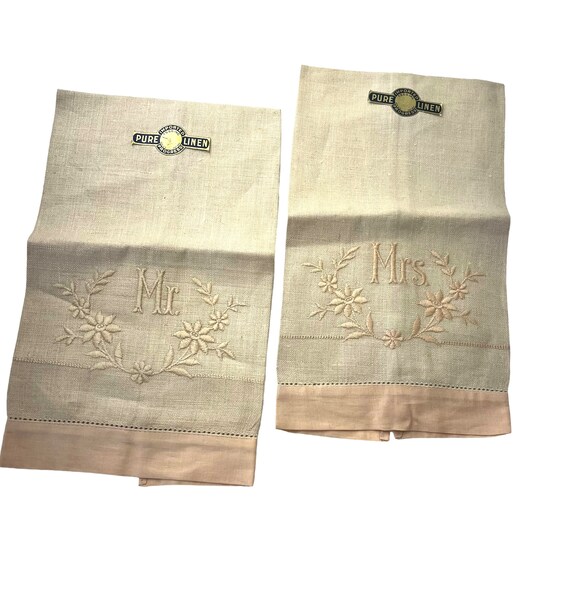 Vintage Linen Hand Towels Mr and Mrs Pure Linen Towel Set Hand
