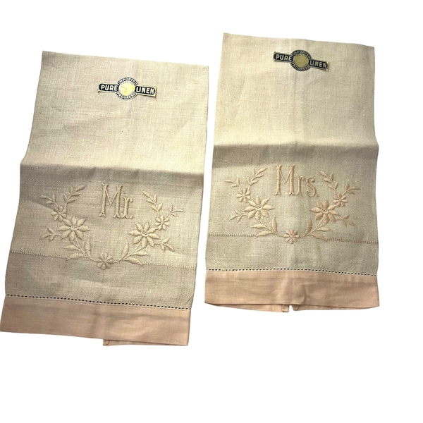 Vintage linen hand towels Mr and Mrs pure linen towel set  hand embroidered wedding set for Bride and Groom bathroom set blush color linen