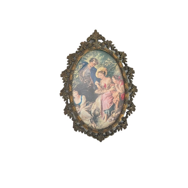 Vintage Italian courting print ornate gold metal frame oval wall decor decorative renassiance wall print made in Italy vintage wall decor