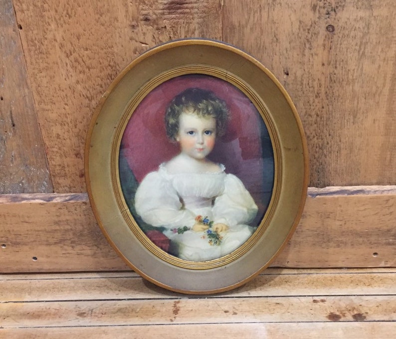 Antique Gold Framed Girl Wall Decor Oval Small In White Dress Art Collectible