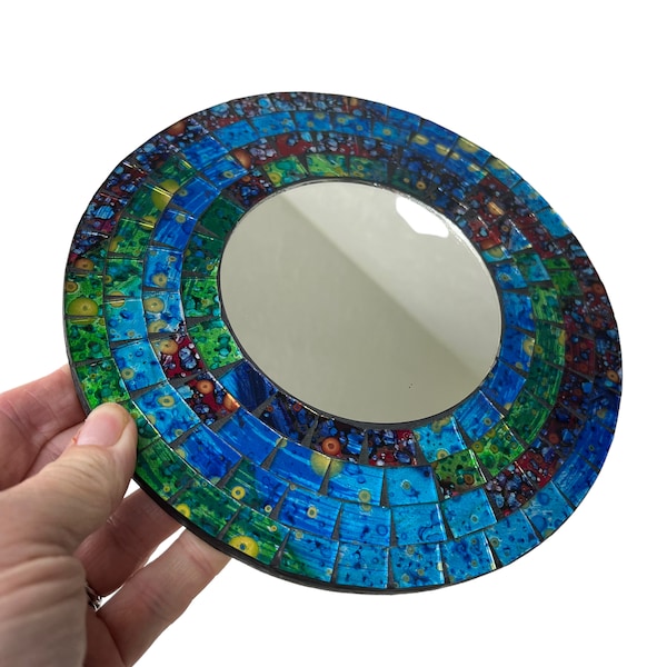 miroir vintage miroir mosaïque bleu rond miroir coloré suspendu miroir bleu miroir de carreaux de verre coupé miroir fait main chambre/miroir de salle de bain