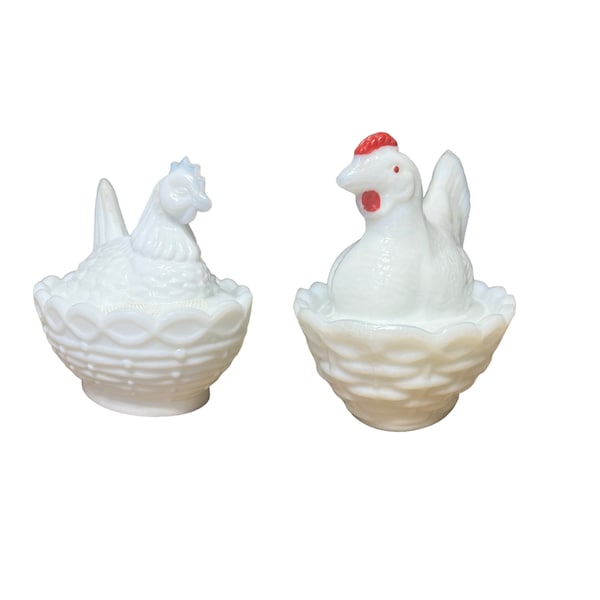 Vintage hen on basket pair of two white glass chicken trinket box milk glass vintage farmhouse hen kitchen decor glass  chicken lidded hen