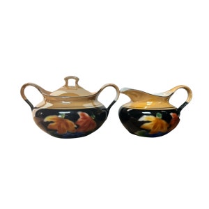 conjunto de crema y azúcar vintage diseño floral negro crema y azúcar té de flores iridiscentes conjunto de leche y azúcar conjunto de crema de porcelana negro y oro