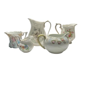 Ensemble de pots à crème vintage en porcelaine fine : transfert floral, bord à volants