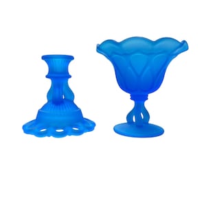 Vintage West Moreland Blue Satin Glass Candy Dish and Candleholder Set