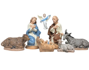 vintage nativity set handmade ceramic pieces Mary Joseph Jesus angel and animals Christmas Nativity characters 1985 handmade Nativity scene