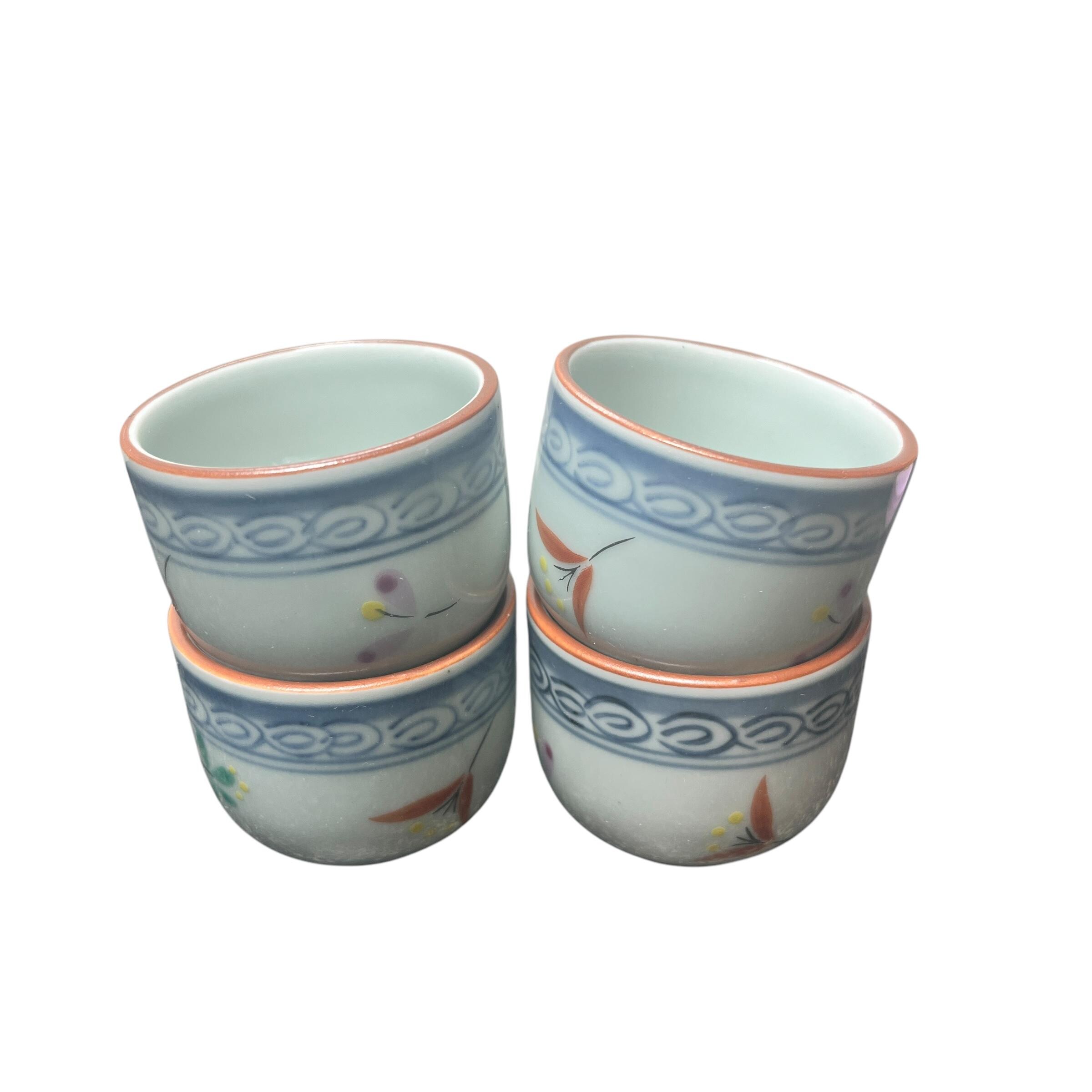 vintage Saki cups Japanese pottery saki cups hand painted set of four saki cups rice wine cups signed pottery saki drinkware barware cups