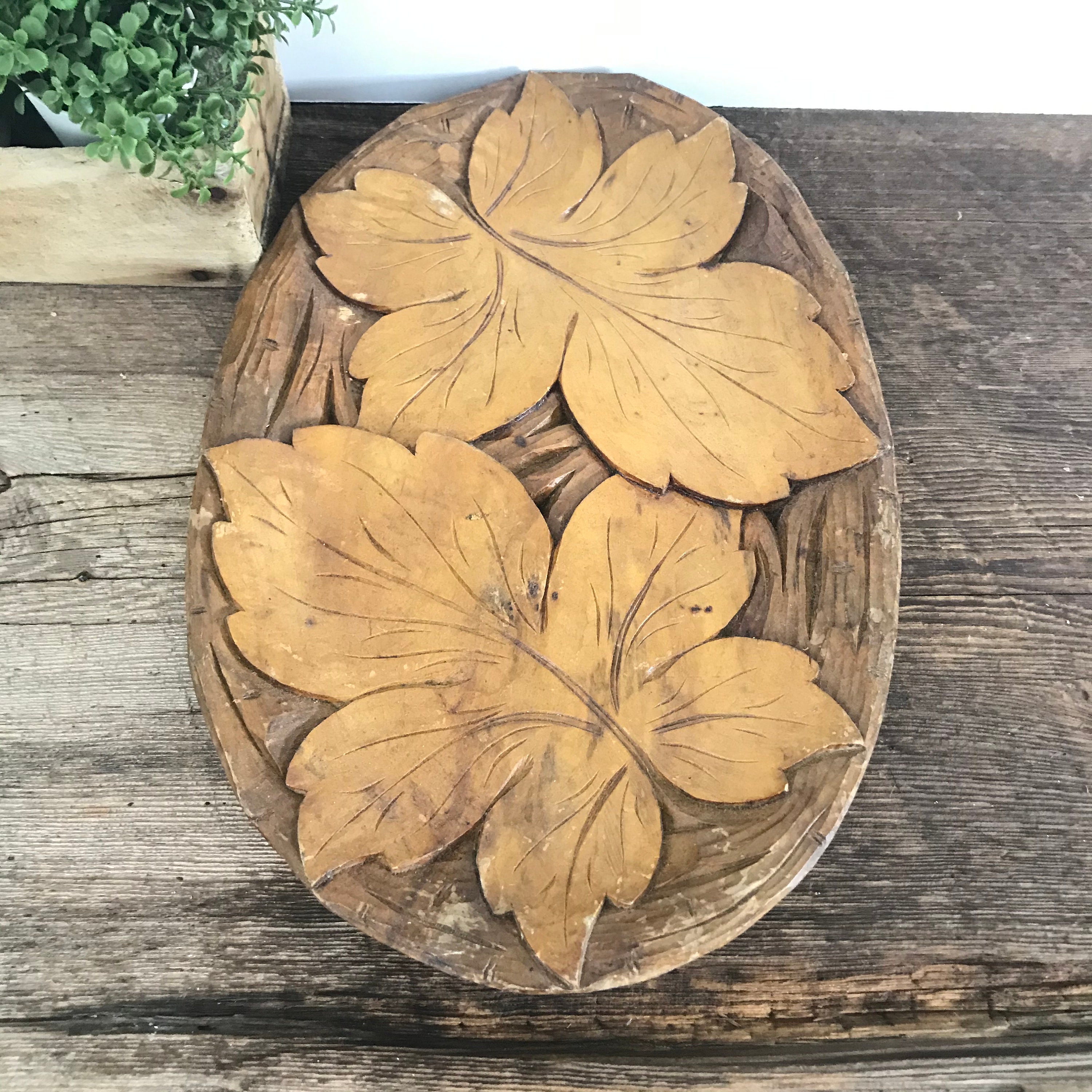 Hand carved wooden oval leaf tray vintage wooden home decor Etsy