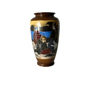 vintage vase Japanese vase hand painted gold and black flower vase gold stamped scenic vase dragon vase symbolic Japanese flower vase