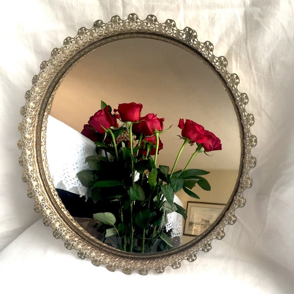 Vintage vanity tray/large round vintage vanity tray/gold filigree trimmed vanity tray/bintage makeup tray/decorative bathroom tray