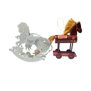 vintage ornaments Christmastree ornaments horses white metal cutout horse and  wooden horse on wheels tree decor collectible horses decor