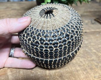 vintage yarn ball storage basket round hand woven basket with lid reed and twine basket vintage handmade basket yarn or twine storage