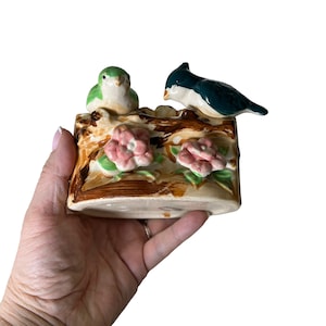 Vintage planter MCM Florart Japan Handpainted Pair Crested Birds Ceramic Planter blue green planter made in Japan kitschy 1930s bird planter