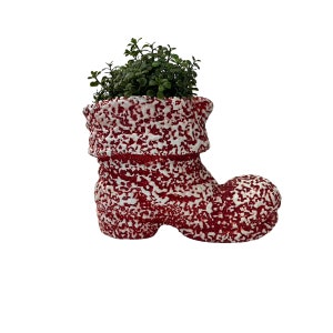 vintage boot planter Santa boot Christmas decor vintage office decor pen holder red and white holiday decor ceramic Santa Claus boot planter