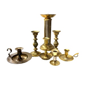 vintage brass candlestick lot of 7 mixed vintage brass tapered and pillar candle holders wedding candle boho brass mantle candle centerpiece