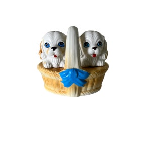 vintage puppy salt and pepper shakers anthropomorphic puppy dogs vintage salt and pepper shakers made in Japan vintage chalkware shaker set