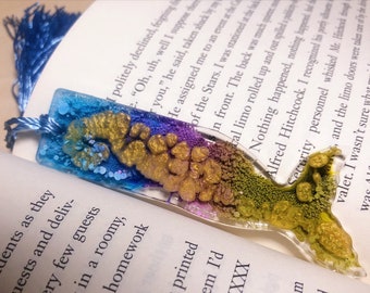 Peacock and Gold Resin Mermaid Tail Bookmark with Tassle- Blue, Purple, Green and Gold, SMALL