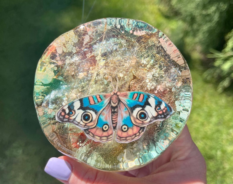 Buckeye Butterfly, Skeleton Leaves and Ink Background, Rainbow Layered Resin Print Mini Painting image 1