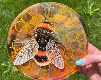 October Sky Bumblebee, Three-dimensional Resin Print, Alcohol Ink and Art Resin layered over a hand-cut print