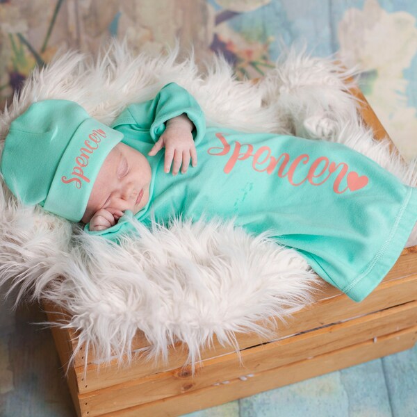 Turquoise Baby Gown & Baby Hat Personalized (Newborn-3 months) Girls - baby shower gift, take home outfit, new baby, Valentine's Day gift