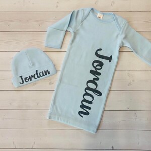 Blue Baby Boy Gown & Baby Hat Personalized (Newborn-3 months) - baby shower gift, take home outfit, new baby gift, sprinkle, Valentine's Day