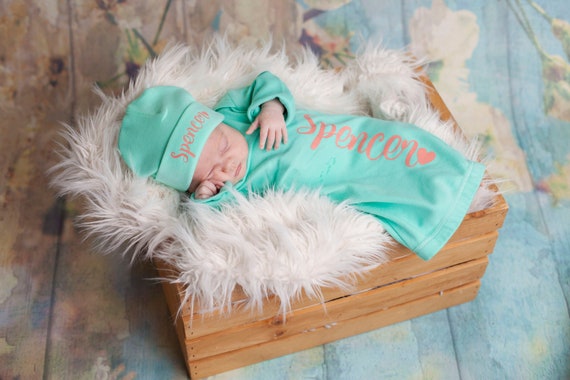 Turquoise Baby Gown Baby Hat Personalized newborn 3 Months Girls