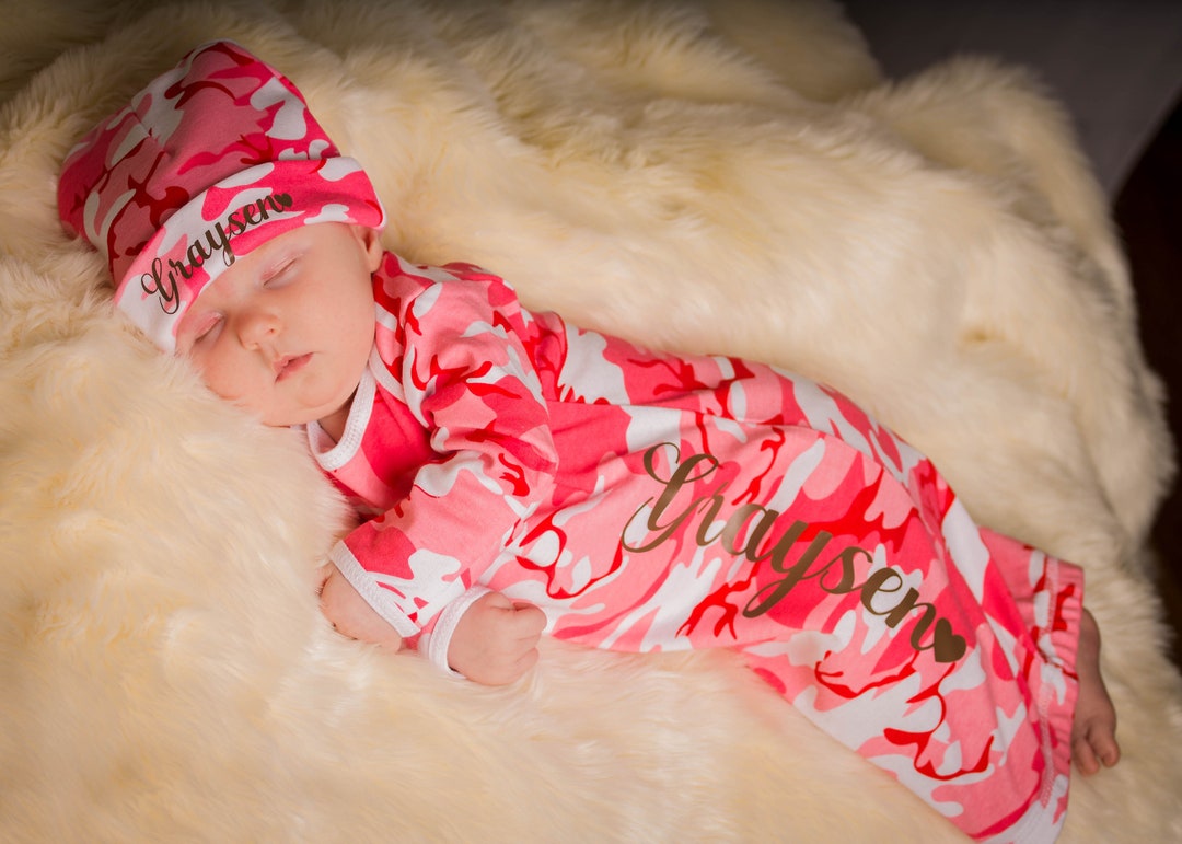 Pink Camouflage Baby Gown & Baby Hat Personalized newborn3 Etsy