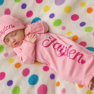 Pink Baby Gown & Baby Hat Personalized (Newborn-3 months) Girls - baby shower gift, take home outfit, layette, new baby, Valentine's Day