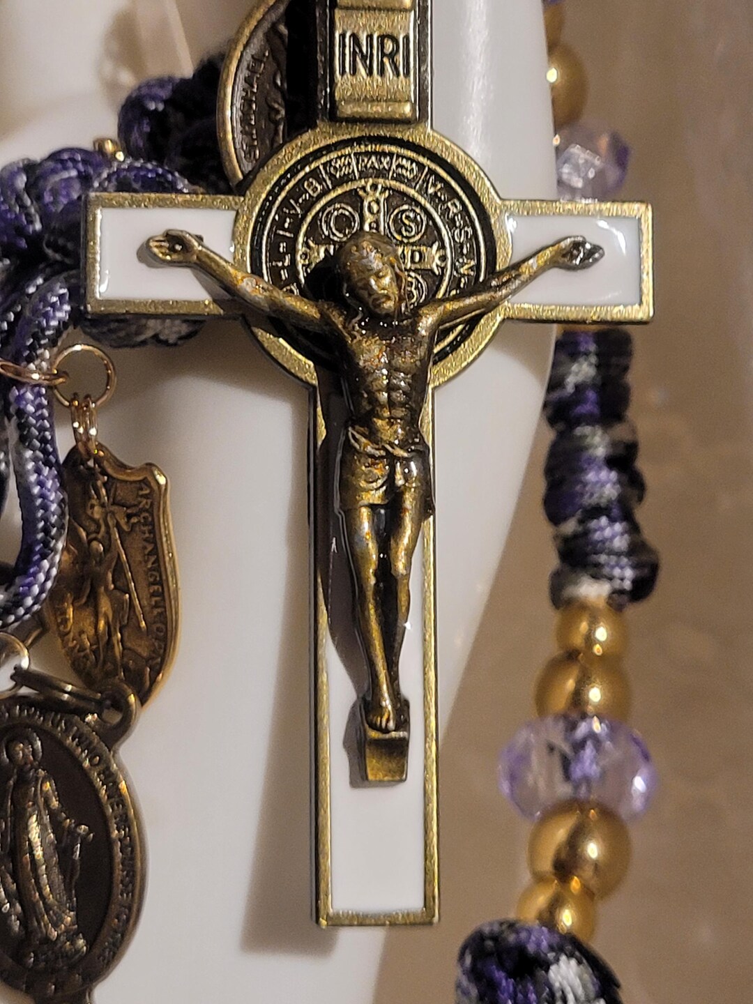 Purple Camo February Rosary: St Benedict Crucifix, Pure Bronze St