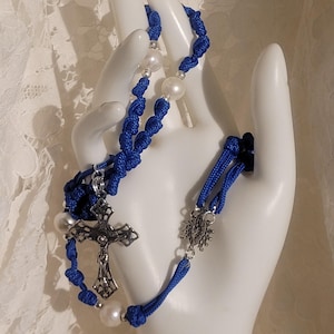 C14 Delicate Sterling Silver and Pearls Rosary of Our Lady of Seven Sorrows made with Electric Blue Paracord