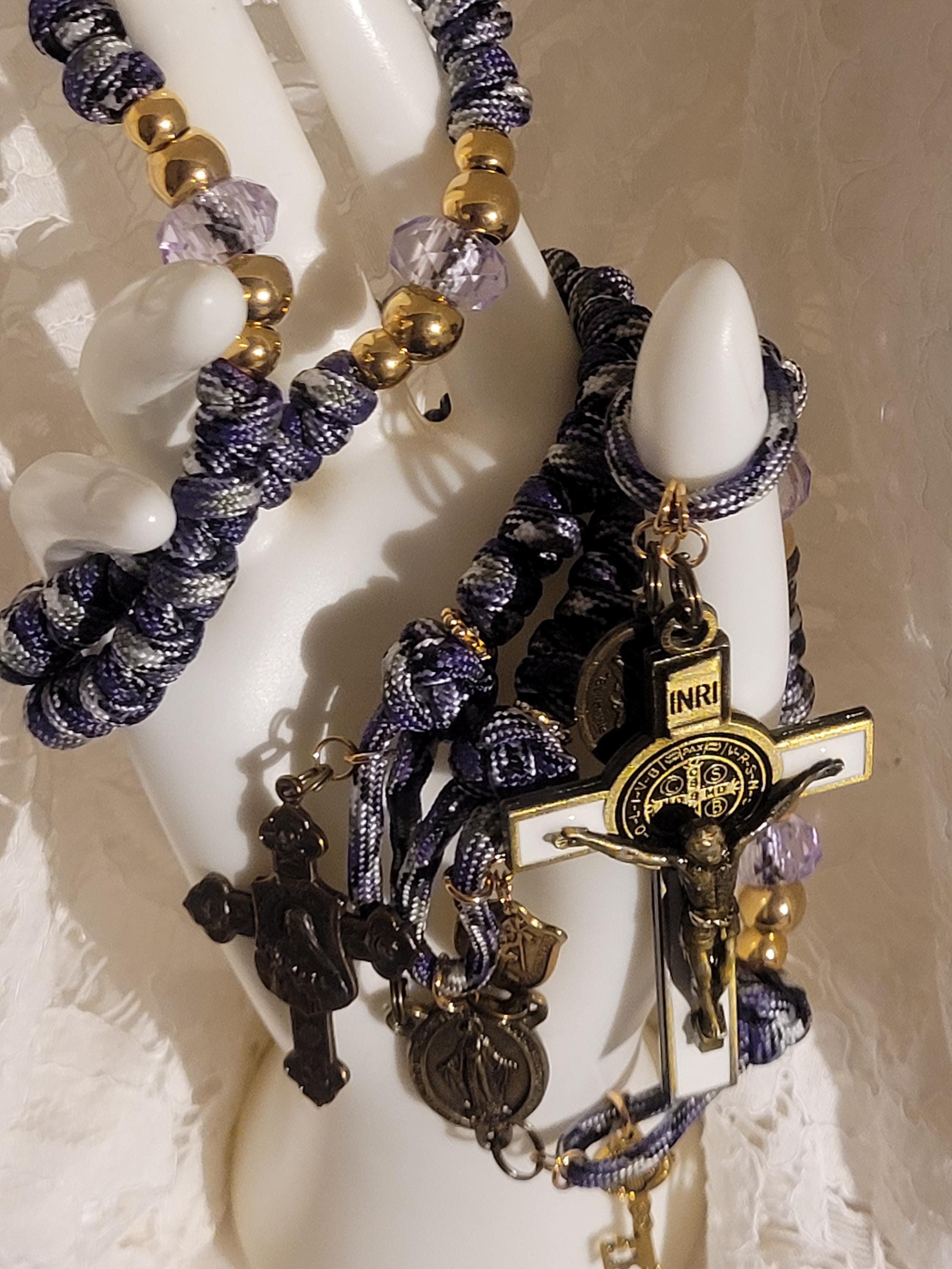 Purple Camo February Rosary: St Benedict Crucifix, Pure Bronze St